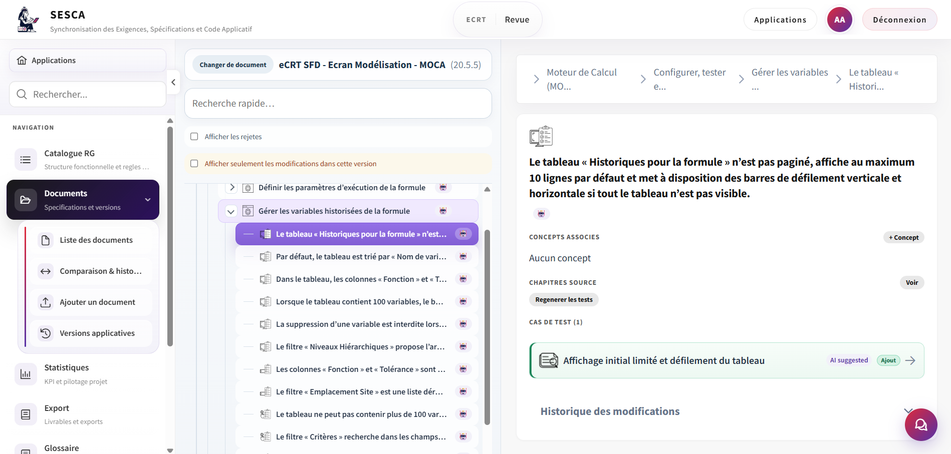 SESCA review workspace with a requirements tree on the left and a selected business rule, source-chapter access, and an AI-suggested test case on the right.