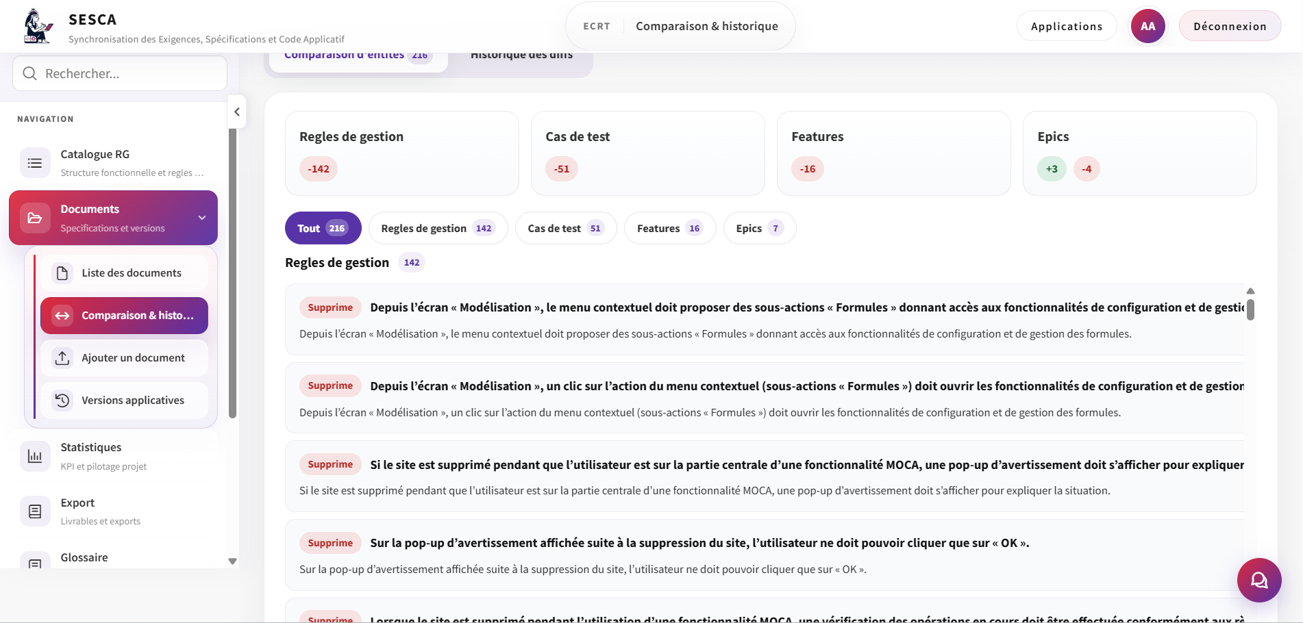 SESCA version comparison showing change counts, filters for rules, tests, features and epics, and a detailed list of removed business rules.